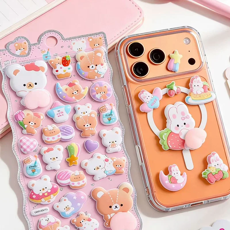 10 Stile weiche Tier-3D-Aufkleber, Panda- und rosa Häschen-Prägedekor, kreative Aufkleber zum Stressabbau, Tagebuch, niedliches taktiles Material