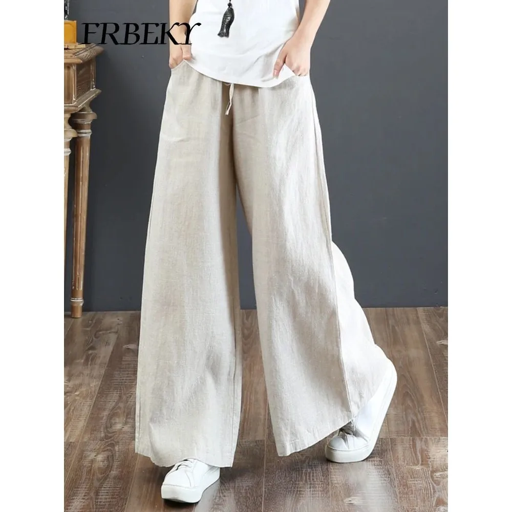 Spring 2024 New Linen Loose Casual Wide Leg Trousers Elastic Cleanfit Style Women's Premium Casual Pants Mid-aged Suitable