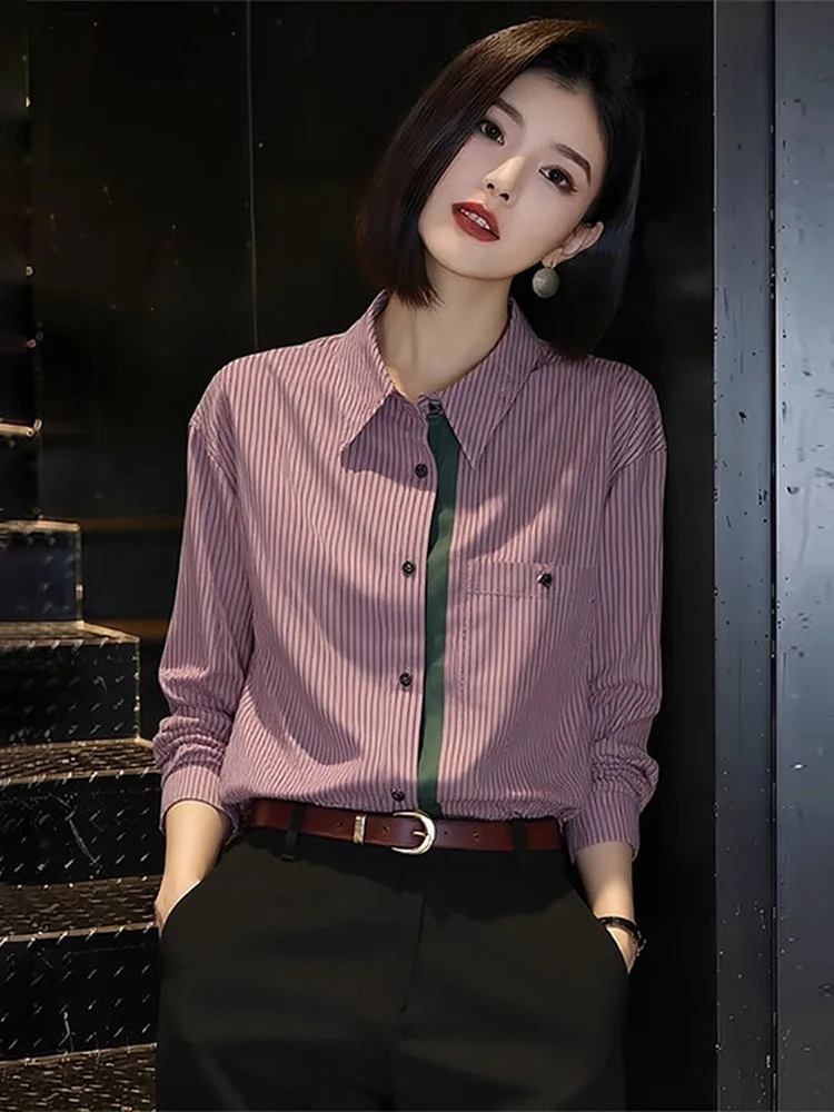 

Unique Fashionable Neck Striped Shirt Women Long Sleeve Spring Autumn Loose Slimming Versatile Shoulder Level Top