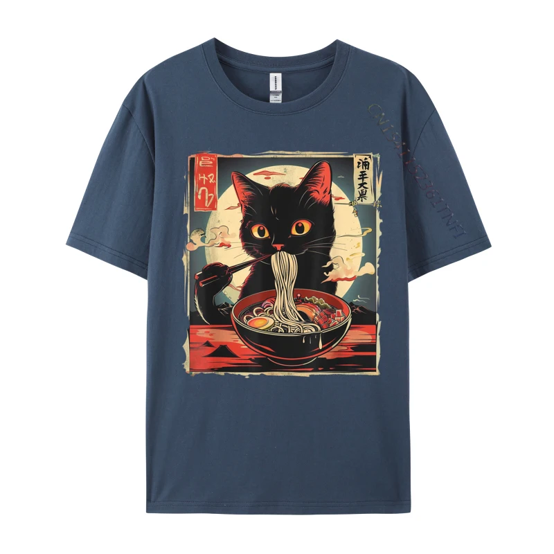 Retro Japanese Kawaii Cute Cat Eating Ramen Poster Casual Cotton Print Tops & Tees Special Adult T Shirt Printing Tee-Shirt