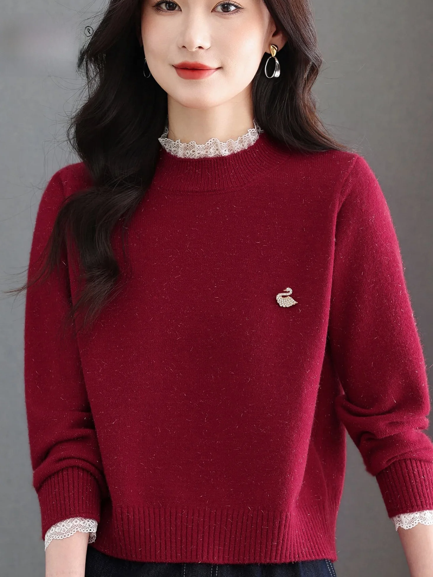 

Осень-зима, круглый кружевной вязаный базовый свитер для похудения, женский топ средней длины, повседневный свитер