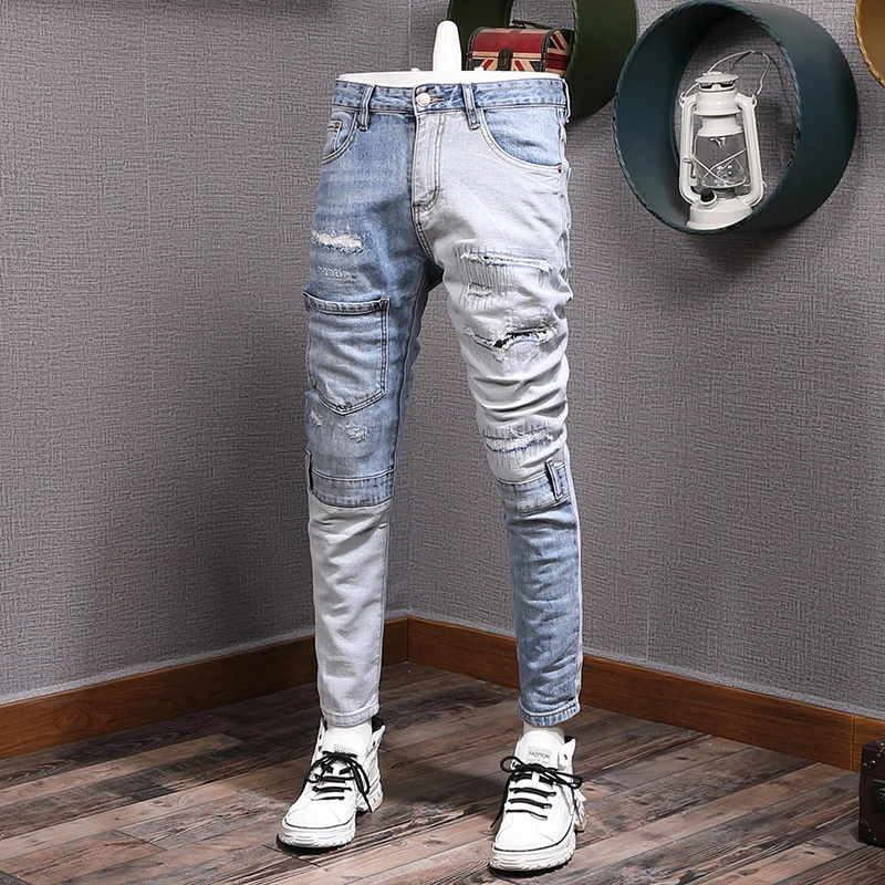 

Fashion Streetwear Men Jeans Retro Light Blue Spliced Designer Ripped Jeans Men Embroidery Patched Hip Hop Denim Pants Hombre