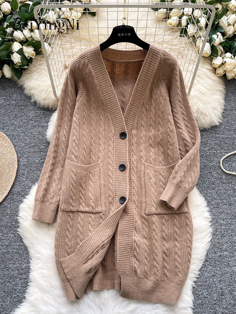 

Beiyingni 2025 корейский свободный длинный кардиган женский пуговицы французские теплые женские вязаные пальто с длинными рукавами верхняя одежда модные свитера