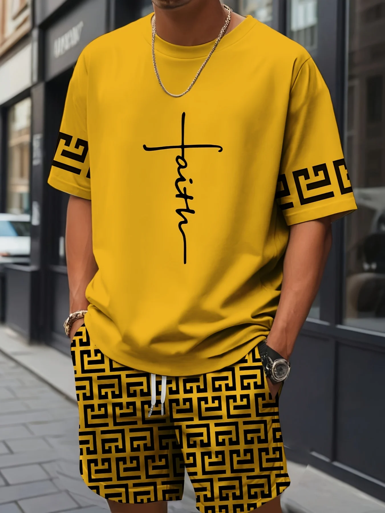 

New Men's Cross Print T-Shirt and Shorts Set Stylish Streetwear Short-Sleeve Top and Shorts Combination Holiday Men's Apparel