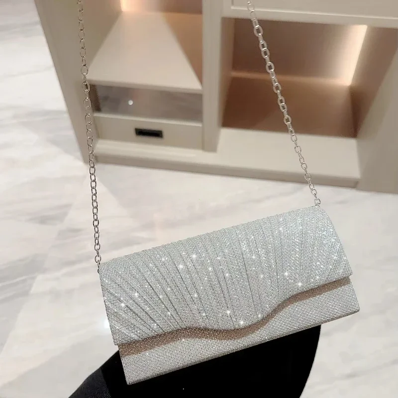 Glitter Ladies Silver Clutch Bag Envelope Evening Bag Fashion Elegant Long Purse Women Chain Shoulder Bags Wedding Party Handbag