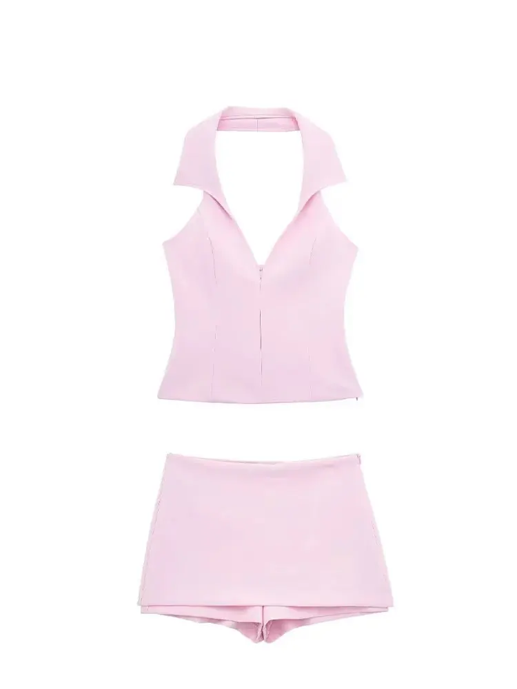 HH 2024 Summer Female 2 Piece Pink Set Backless Suspender V-Neck Sleeveless Zipper Cropped Top+High Waist A-Line Mini Shorts