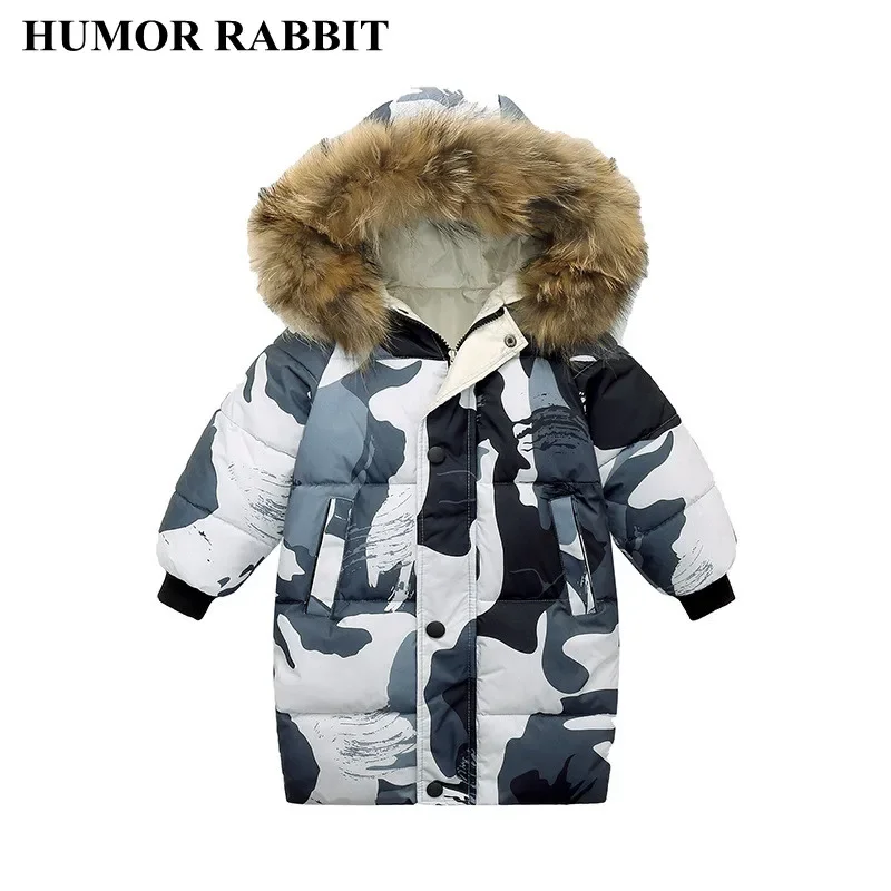 Large Fur Collar Kids Down Padded Jacket Camouflage Boys Cotton Coat Long New Child Outerwears Girls Thick Winter Clothing