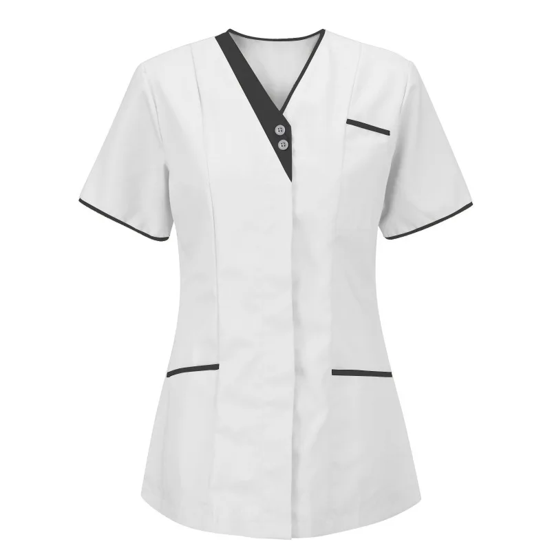 2024Ladies Nurse Uniform Short Sleeve V-Neck Workwear Solid Print Working Uniform Woman Polyester Casual Nursing Blouse Overalls