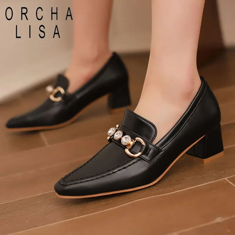 ORCHA LISA Office Lady Pumps 30 31 32 Square Toe Slip On Metal Decoration Rhinestone Block Heels 5cm Plus Size 49 50 Bride Shoes