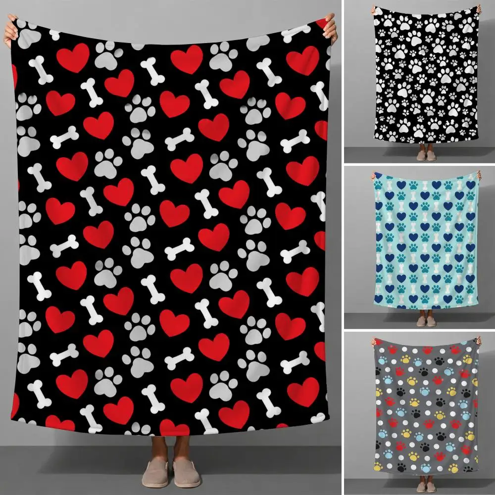 Cute Paw Heart Pet Love Pattern Cartoon Aesthetic Throw Soft Flannel Throw Blanket for Couch Bed Sofa Warm Cozy All Season