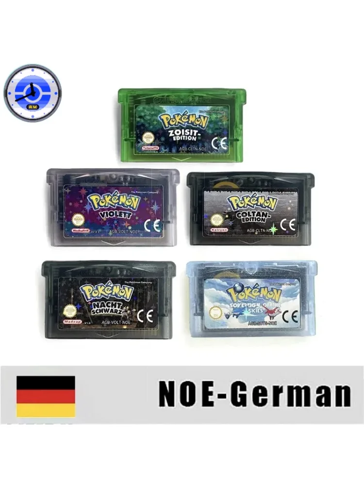 NOE – chariot RTC allemand, 1M, Flash Pokemon coltan violett zoisit, sovrano des ciel, nachtschwarz GBA, cartouche de jeu Rom Hack