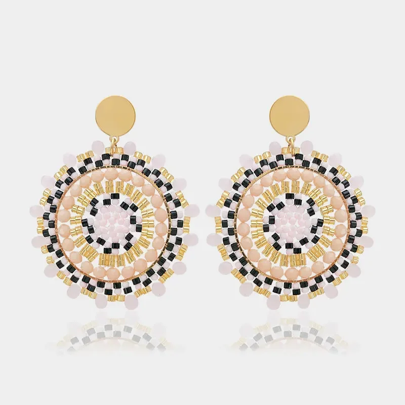 Beaded earrings Roundness Versatile Sunflower Bohemia Crystal Hand knitting Alloy Fashion Hollow out Simple Rice bead earrings