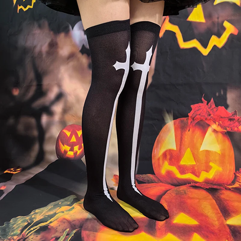 Chaussettes d'Halloween amusantes pour femmes, chaussettes hautes croisées, adaptées au cosplay, chaussettes de fête, chaussettes au-dessus du genou, chaussettes d'infirmière, chaussettes de nonne, 1 paire