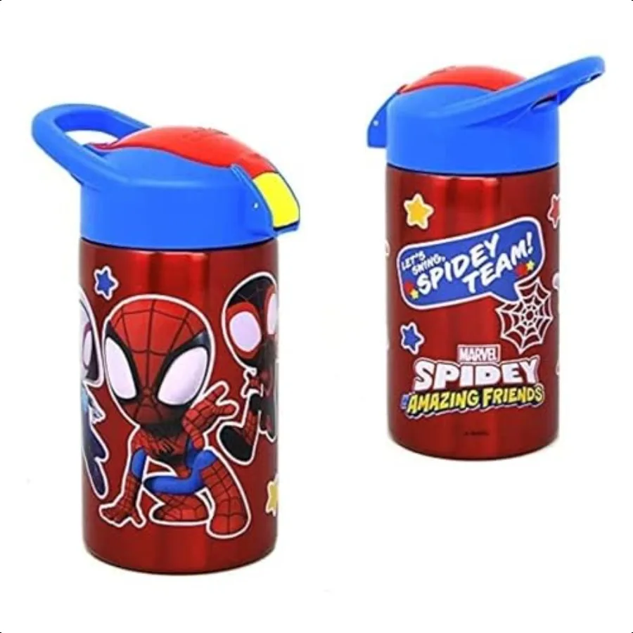 

Spidey and Friends Stainl Steel Water Bottle for Insulated With Push Button Spout Perfect for School Days and Trips 15.5 oz.
