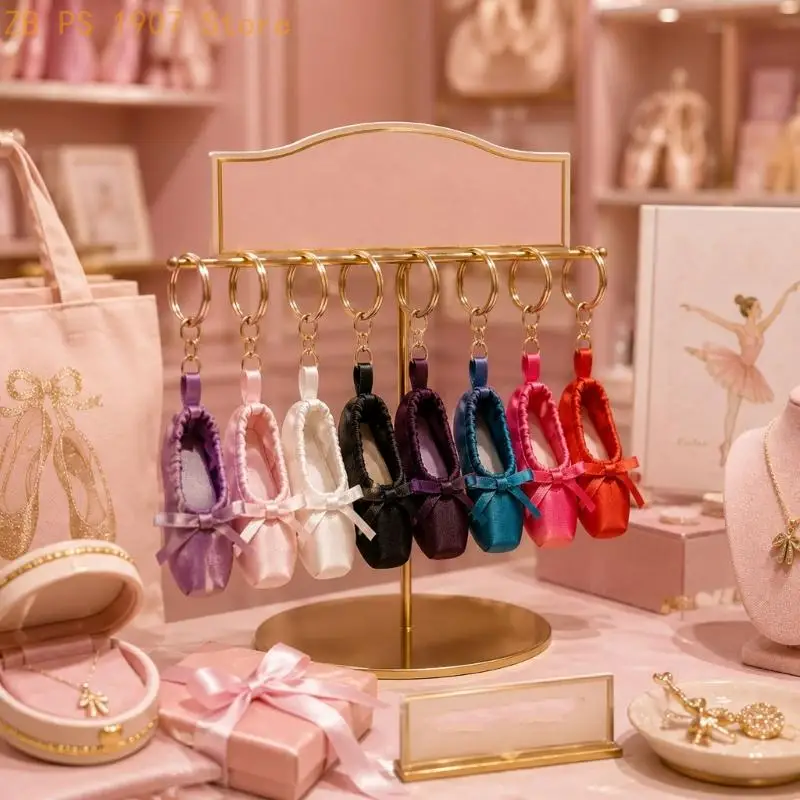 Bag Charm Ballet Shoe Keychain for Daily Hanging, Sateen Look Slipper with Hanging Rope and Bowknot Accent, 1 Piece Pack 55KA