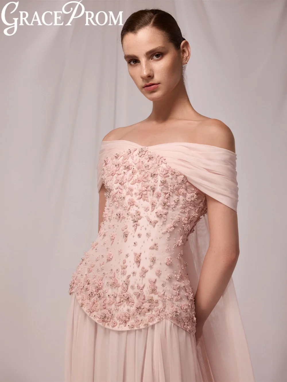 

Light Pink Beaded Evening Dress Off Shoulder A-line Chiffon Long Wedding Party Gowns Customized Charming Banquet Gowns