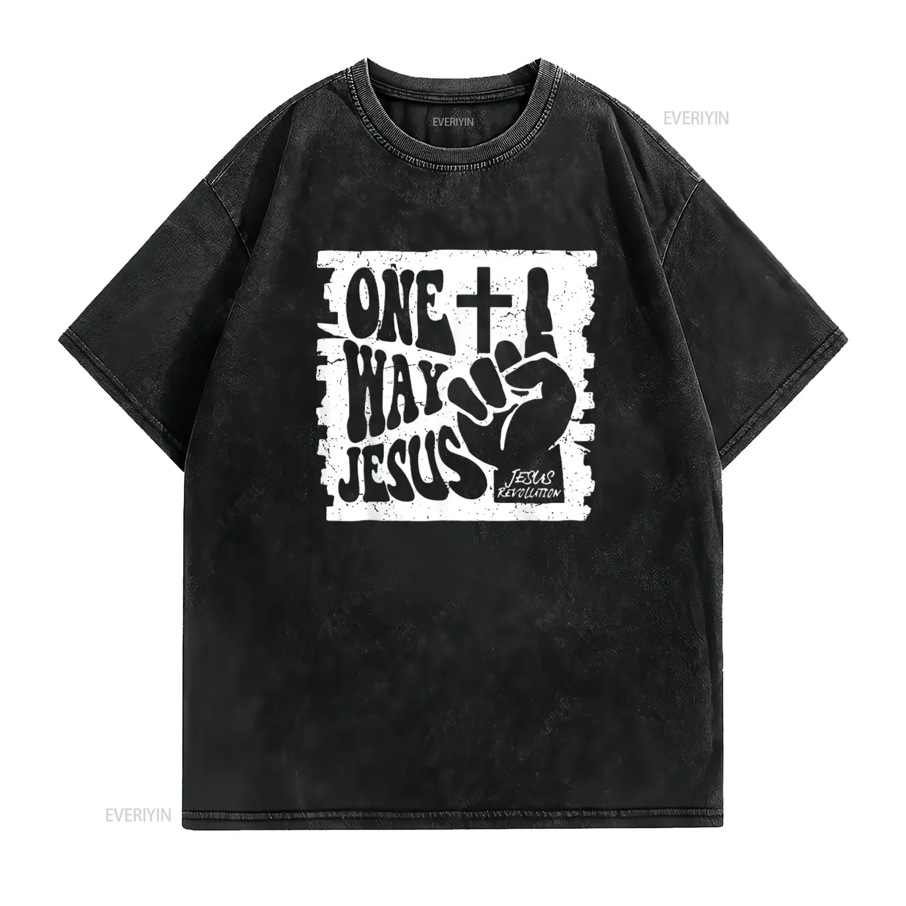 Mens Vintage One Way Jesus T Shirt Black X Large vintage Washed streetwear Comfortable designer clothes Soft Unisex fashion