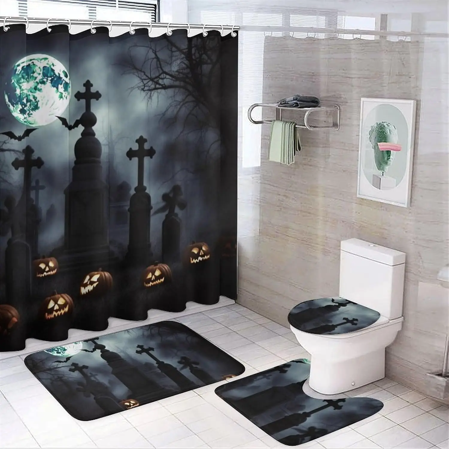 

Наборы занавесок для душа в готическом стиле Happy Halloween из 4 предметов, включая наборы занавесок для душа с 12 крючками, нескользящие коврики для ванной комнаты