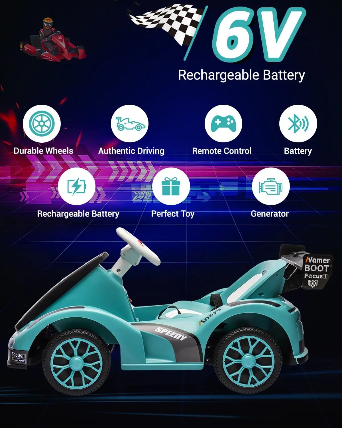 Elektrischer Racer-Gokart für Kinder, 7 Ah, batteriebetriebenes Fahrt auf dem Auto mit Fernbedienung, LED-Scheinwerfer, elektrisches Spielzeug zum Fahren für Kleinkinder