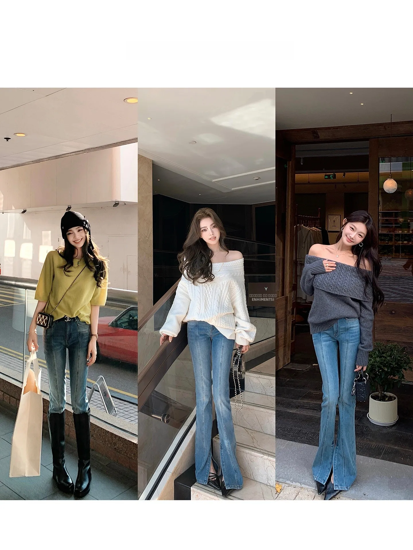 

Spring Early High Waist Bell Bot Jeans Four Way Stretch Thin Fce Split mid Rise Cotton Stretch Denim Ladies Casual Jeans