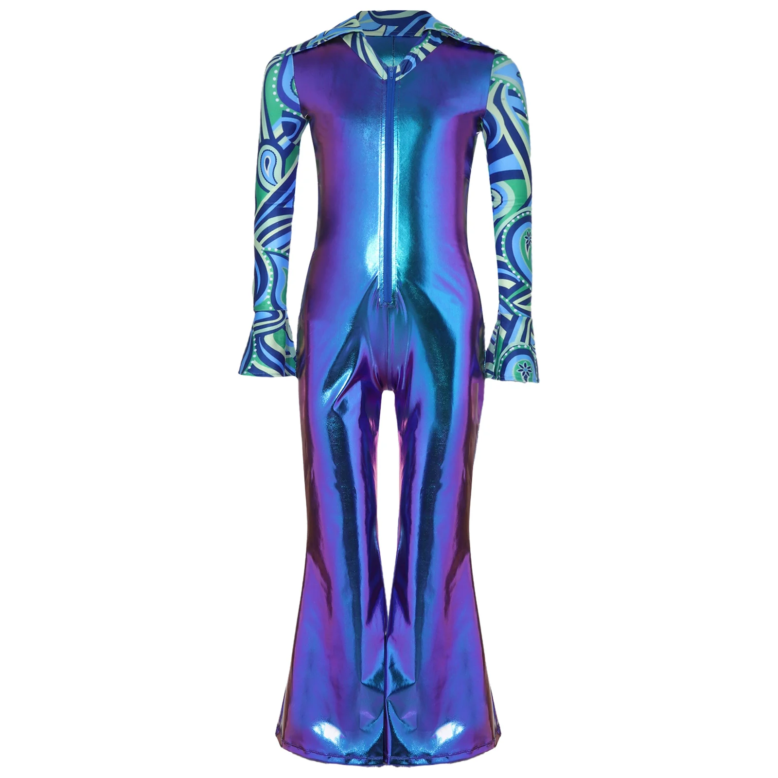 Kids Boys Disco Dance Costume Shiny Metallic Fashion Printed Lapel Collar Long Flare Sleeve Zipper Bell-Bottomed Pants Jumpsuit