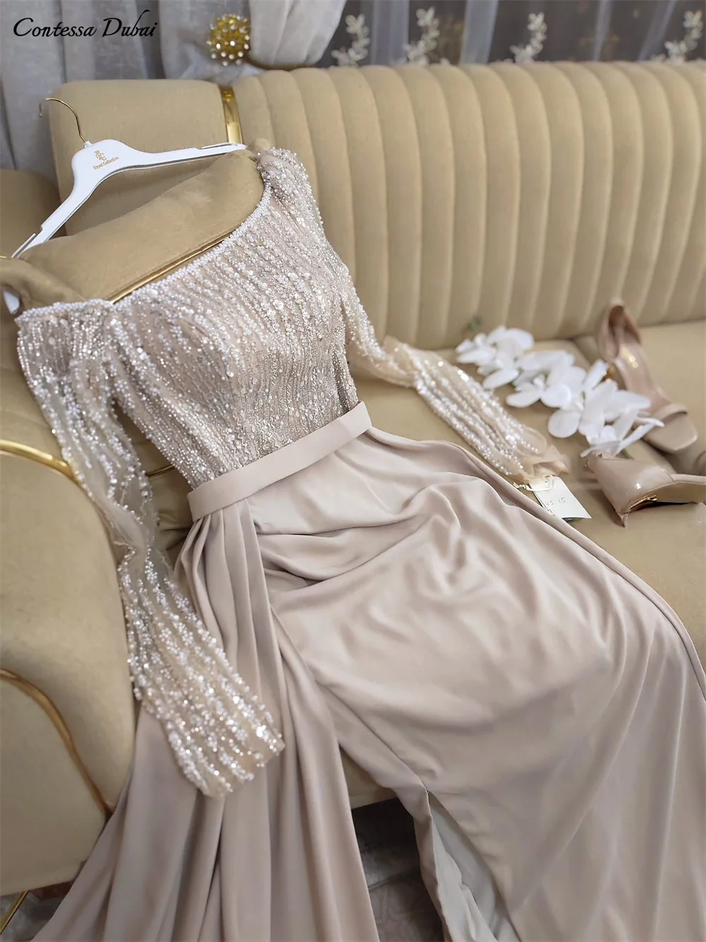 

Contessa Dubai, платье для выпускного вечера с бисером и открытыми плечами, жемчужным вырезом, Vestido de gala, съемная верхняя юбка, торжественное вечернее платье