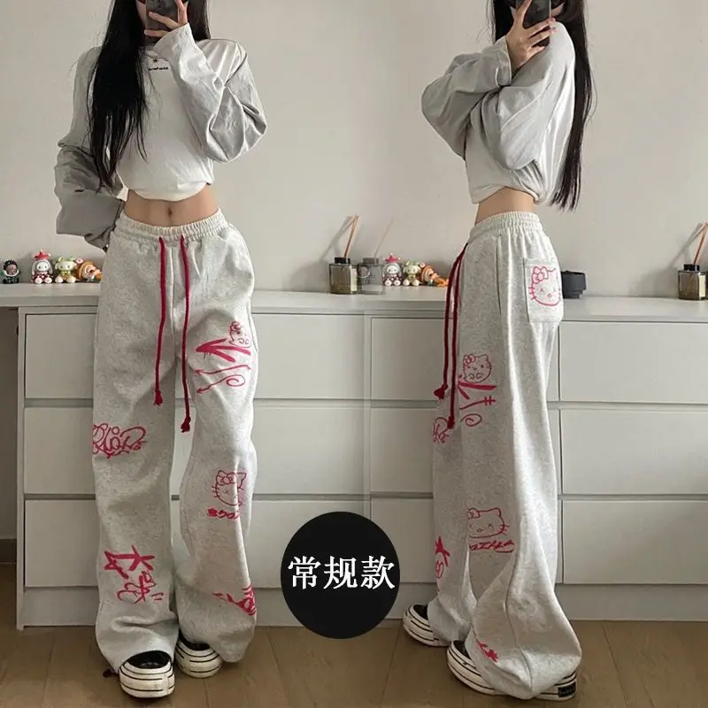 Thin/fleece Hello Kittys American Retro Print Graffiti Fashion Wide Leg Drawstring Pants Hip Hop Loose Straight Leg Sweatpants