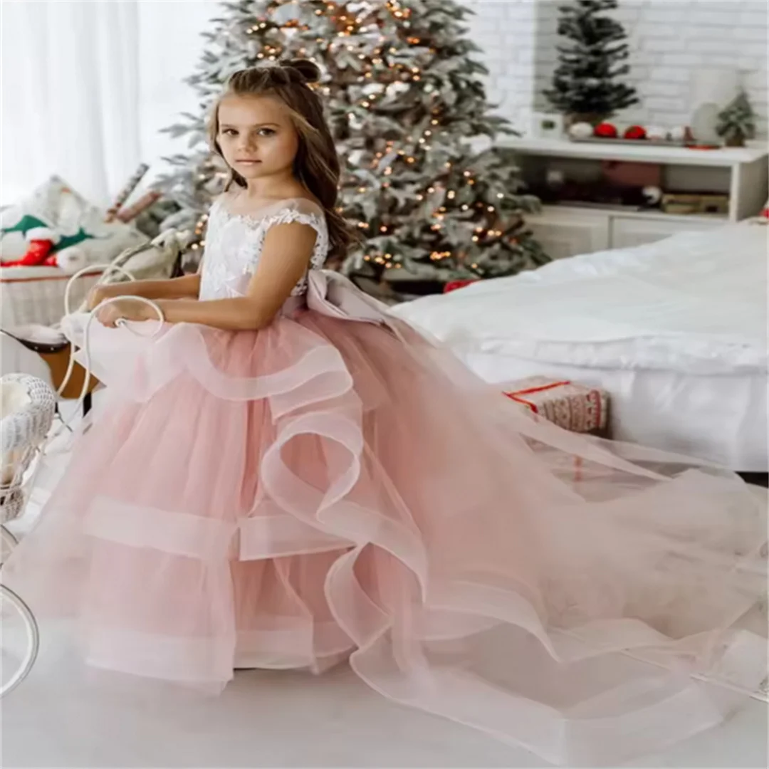 

Flower Girl Dresses Dusty Pink Tulle Puffy Tiered White Appliques With Bow Sleeveless For Wedding Birthday Banquet Princess Gown