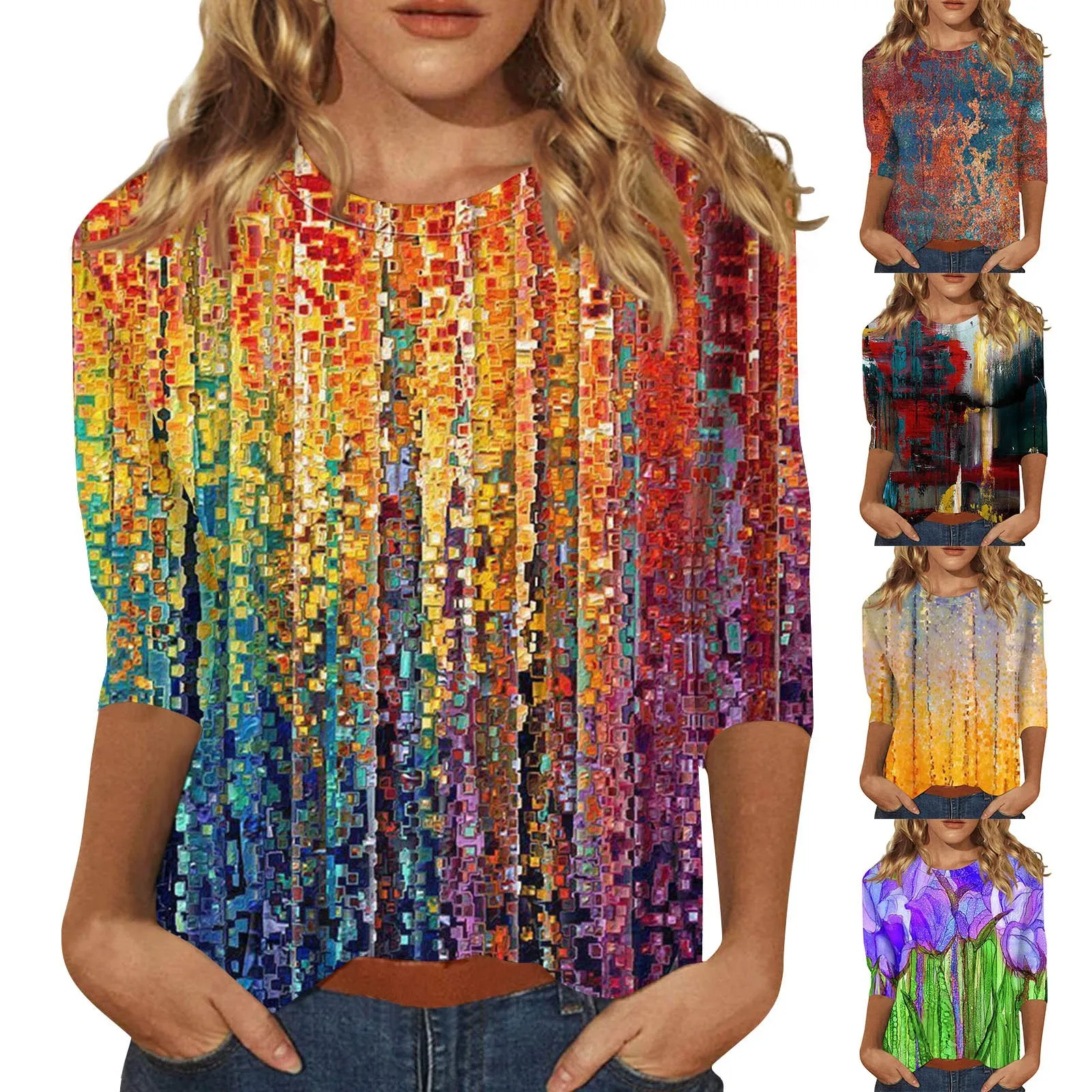 تي شيرت نسائي كاجوال برقبة مستديرة ، كم ، توب مطبوع فضفاض ، أزياء السيدات