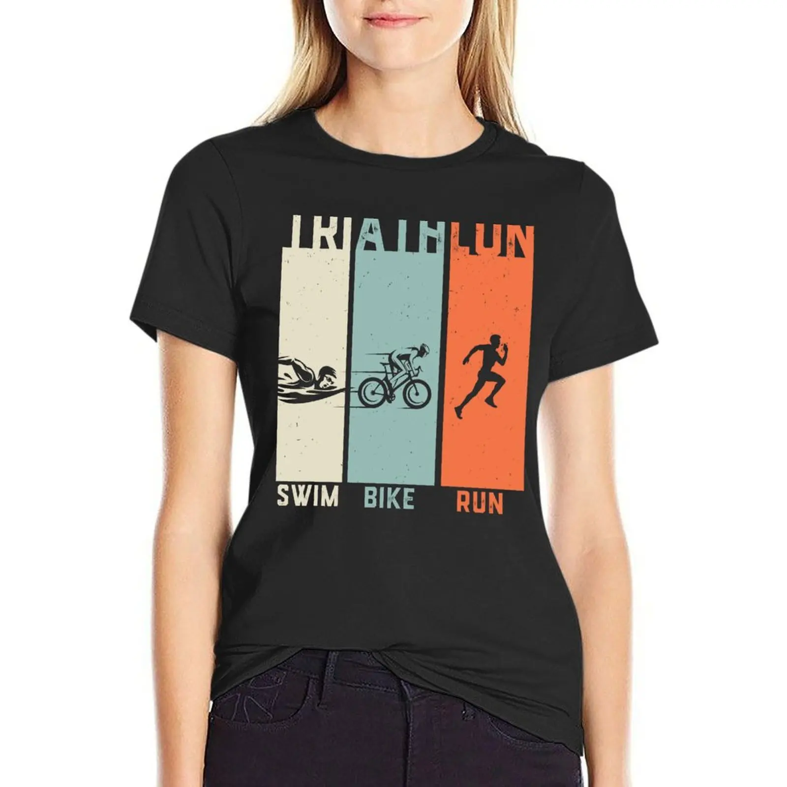 

Triathlon Vintage Swim Bike Run T-Shirt quick-drying customs design your own summer tops summer clothes for Women