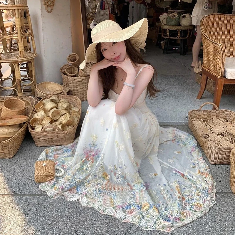 

Sweet Print Spaghetti Strap Dress Women Korean Fashion Holiday Sleeveless Floral Dress Summer Harajuku Sweet Camis Long Vestidos