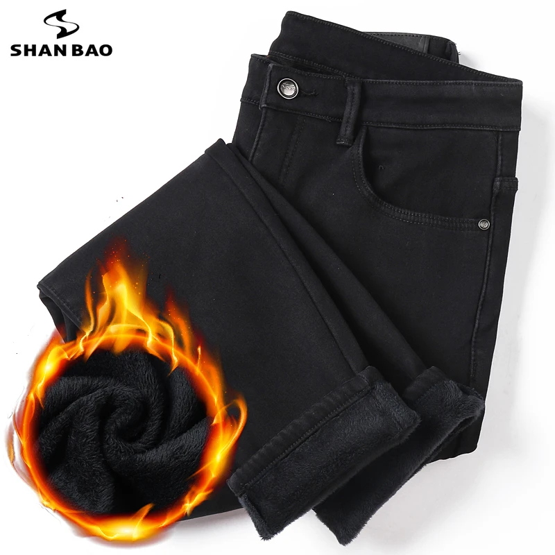 40 42 44 46 Large size men's straight-fit black jeans 2020 winter brand clothing fleece thick warm fashionable denim jeans