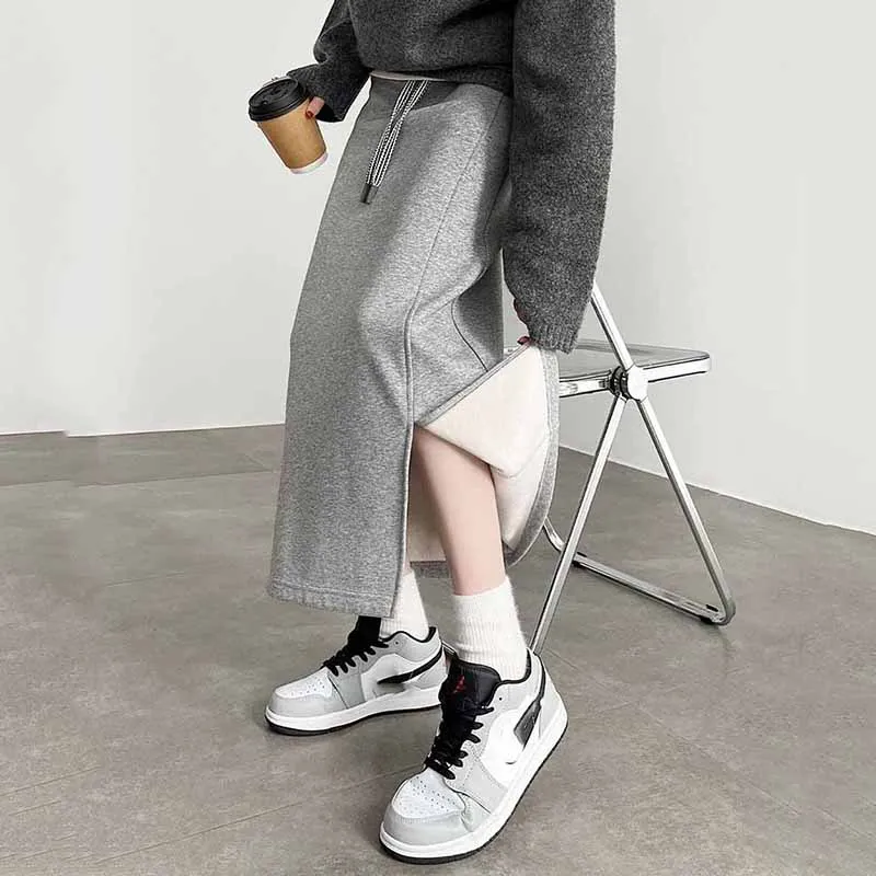 Women's Gray Split Midi Skirts Elasticity Waist Casual Loose Long Skirts Female Autumn Winter Thicken Plus Velvet Straight Skirt