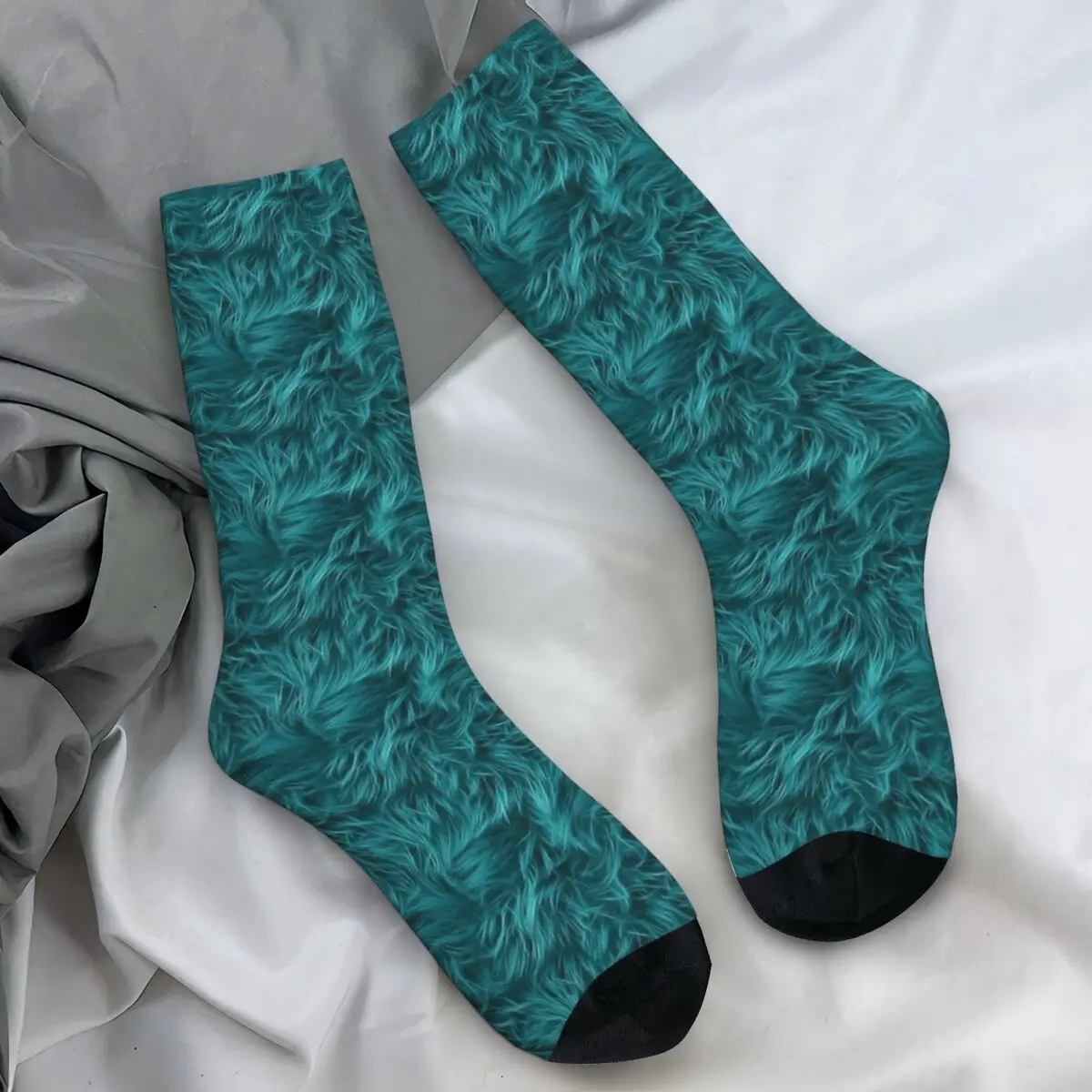 Men Socks Fuzzy Puppet Fur In Teal Feather Stockings Winter Casual Medium Soft Socks Design Outdoor Sports Non Skid Socks