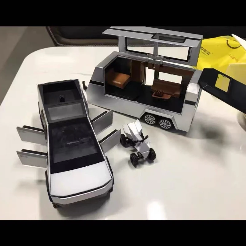 

1:24 Tesla Cybertruck Pickup Trailer Alloy Car Model Diecasts Metal Toy Off-road Vehicles Truck Model Sound and Light Kids Gifts