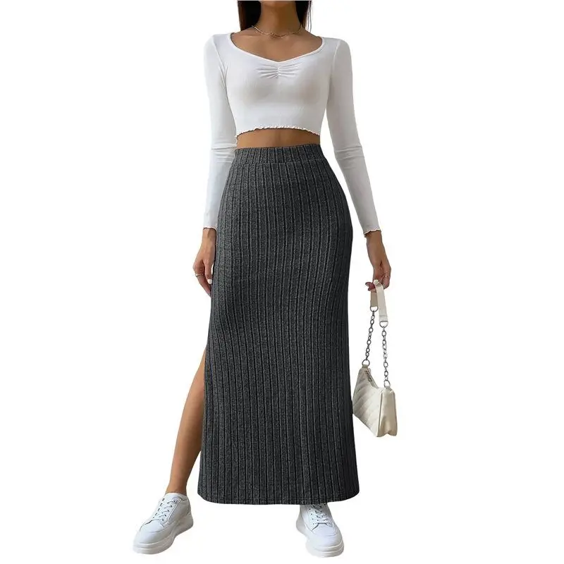 ABAE-أنثى الصلبة عالية الخصر سبليت الجانب تنورة عادية محبوك ماكسي التنانير مريح Bodycon فستان #4