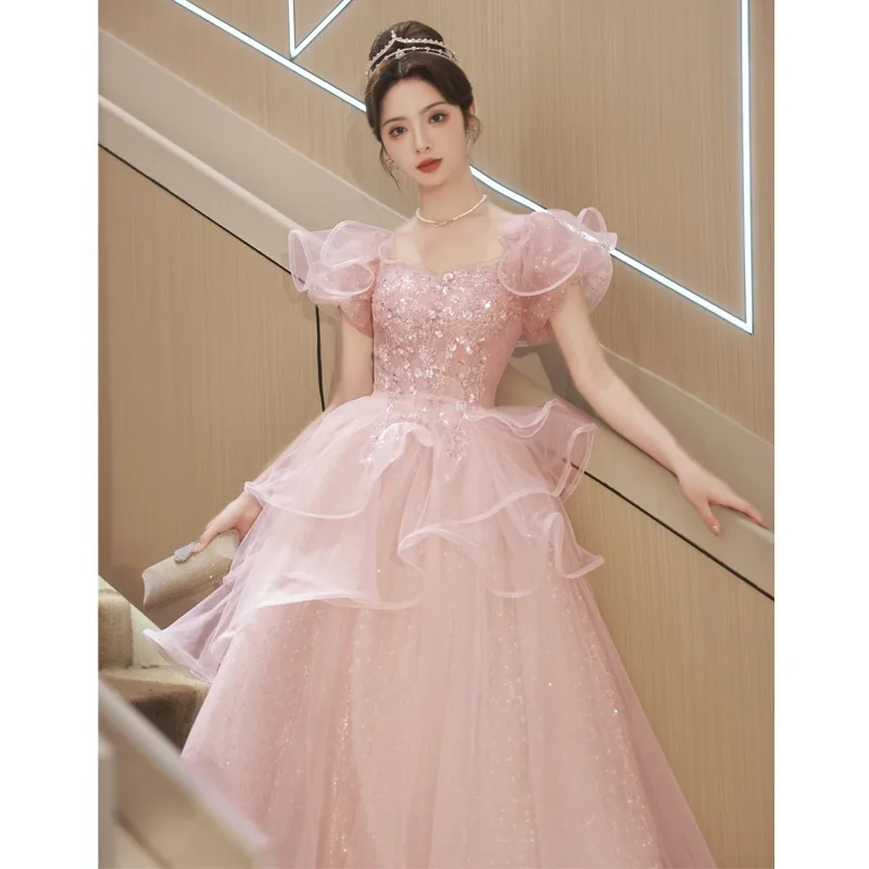 Sweet Pink women's Prom Dress Applique Sequins Tulle Long Evening Party Dresses Temperament Women Lace Up Birthday Formal Gowns