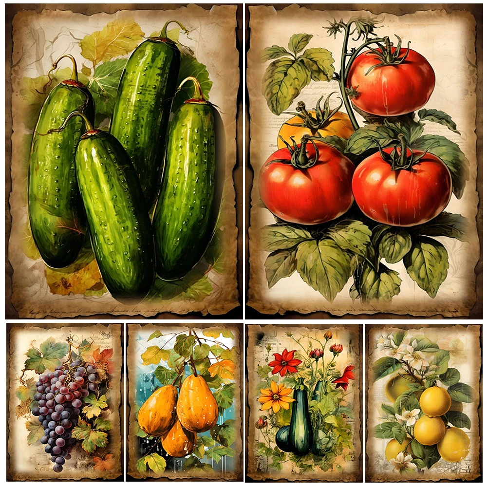 Vegetables And Fruits Botanical Vintage Wall Art Canvas Painting, Orchard Farmhouse Flower Cottage Art Poster Print, Home Decor
