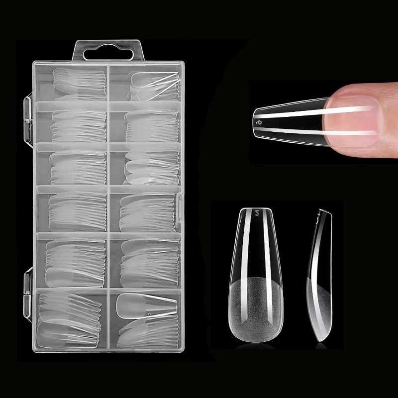 120個入り 純色マットバレエ棺型ネイルチップ ロング透明アクリル付け爪 プレスオンフルカバーセット 12サイズ