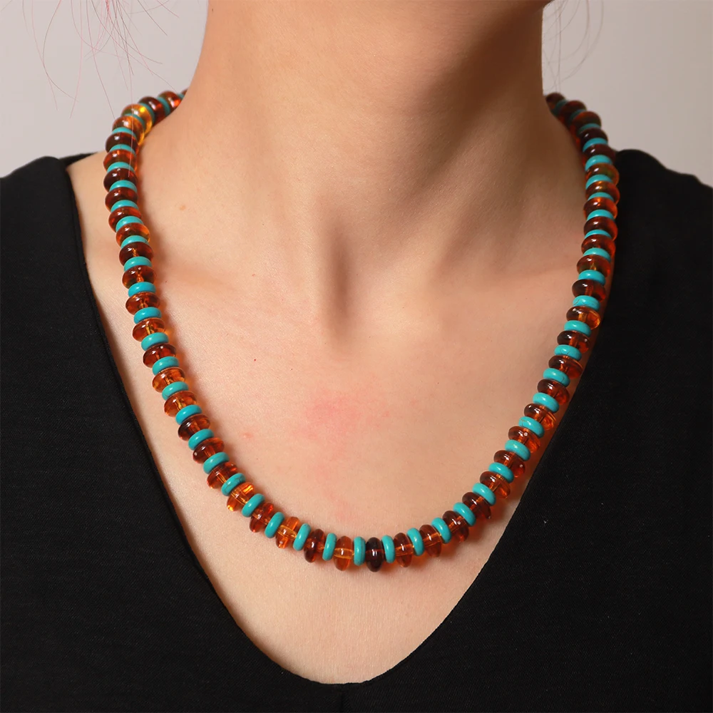 Vintage Harz Bernstein Flache Runde Perlen Halsketten Neue Geometrische Perlenkette Retro Schmuck Geschenke – Detail 4