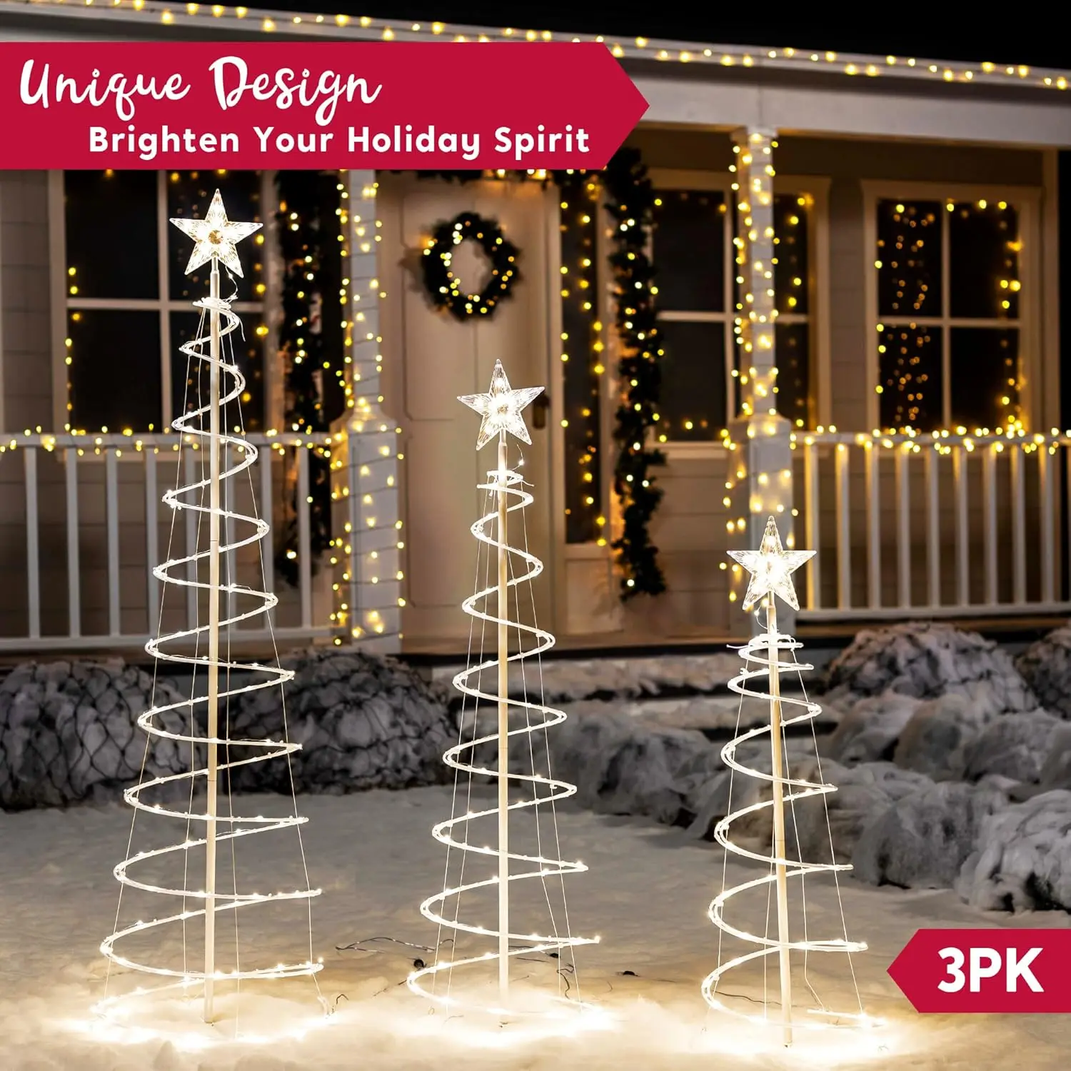 JOYFY Lot de 3 lumières d'arbre de Noël en spirale 218 LED Arbre éclairé extérieur pour décorations de Noël Cour Décor de nuit de réveillon de Noël
