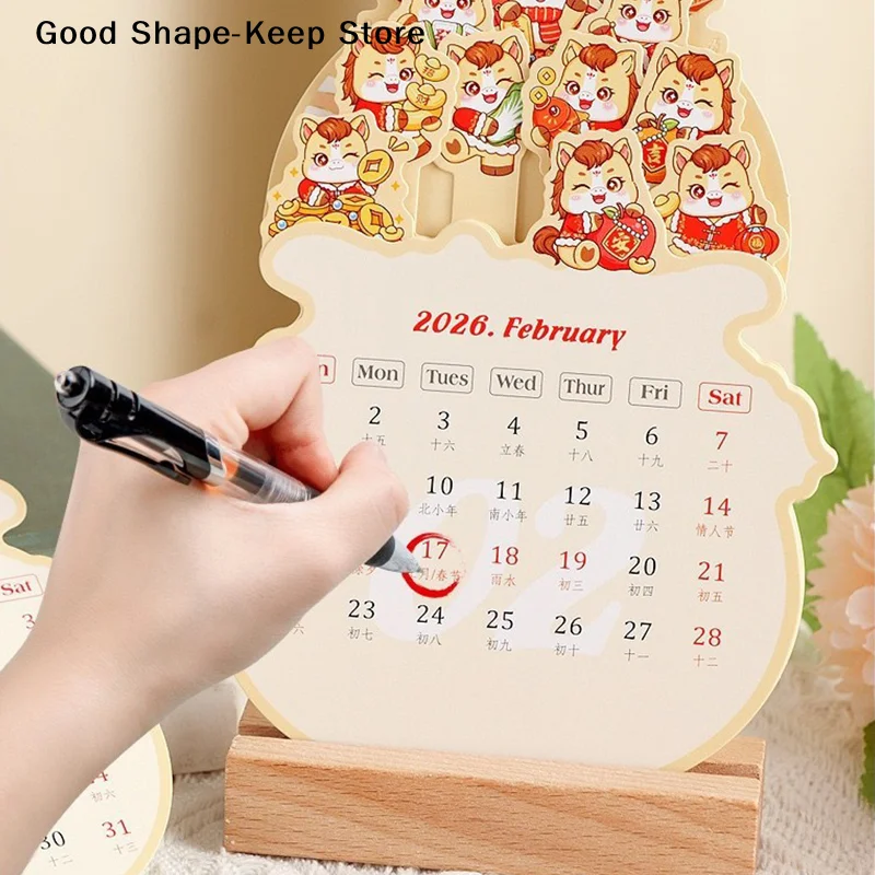 

Wooden Base Bloomy Flowers Desk Calendar Vase Floral Theme Standing Calendar Shaped Detachable Base Monthly Planner Date Display