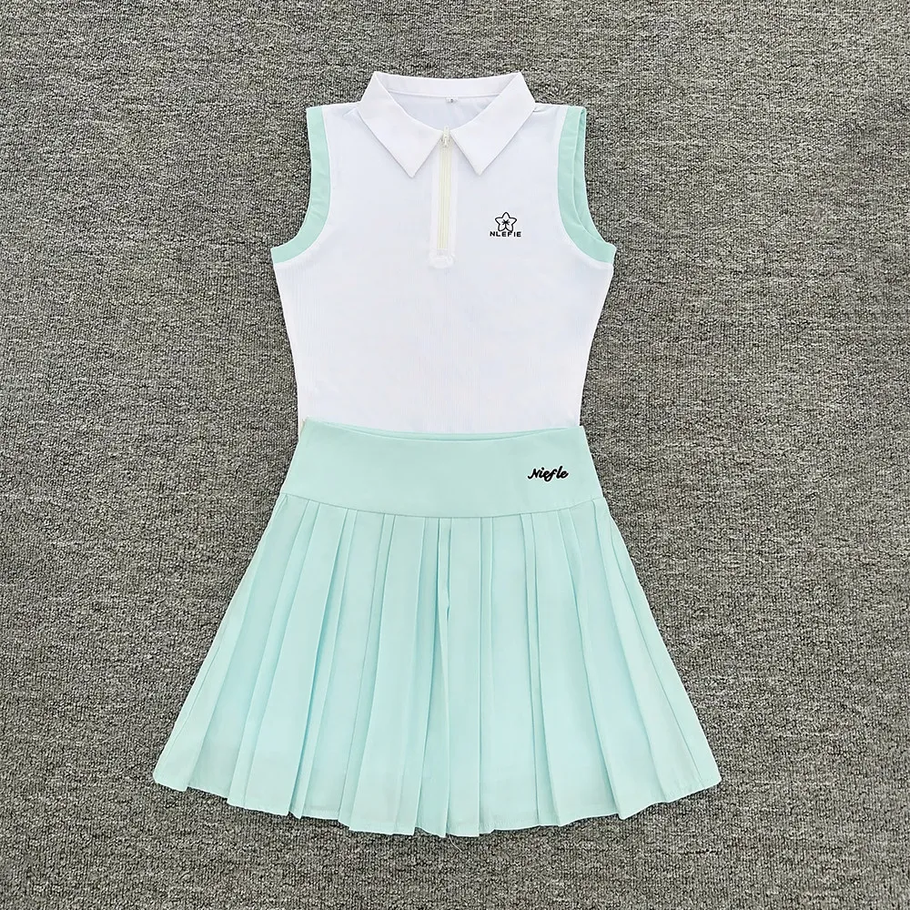 Niefle Summer New Tennis Golf Tank Tops Ladies Sleeveless Zipper Collar T-shirt Women Pleated Sports Short Skirt Leisure Skorts