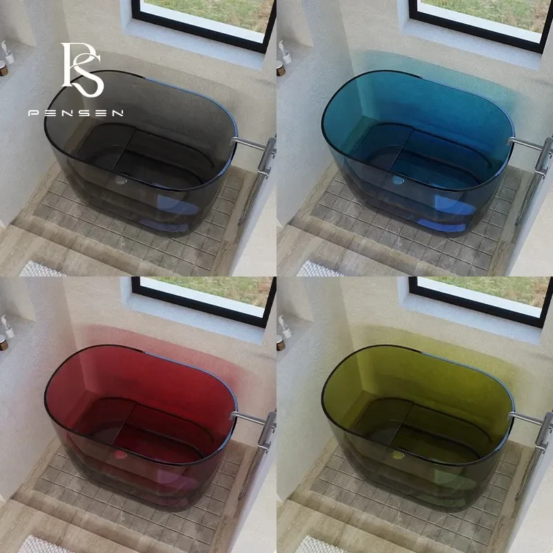 Transparent Resin Deep Soak Bathtub Independent Freestanding Crystal Clear Spa Tub for Hotel B&B Home Bathroom Use