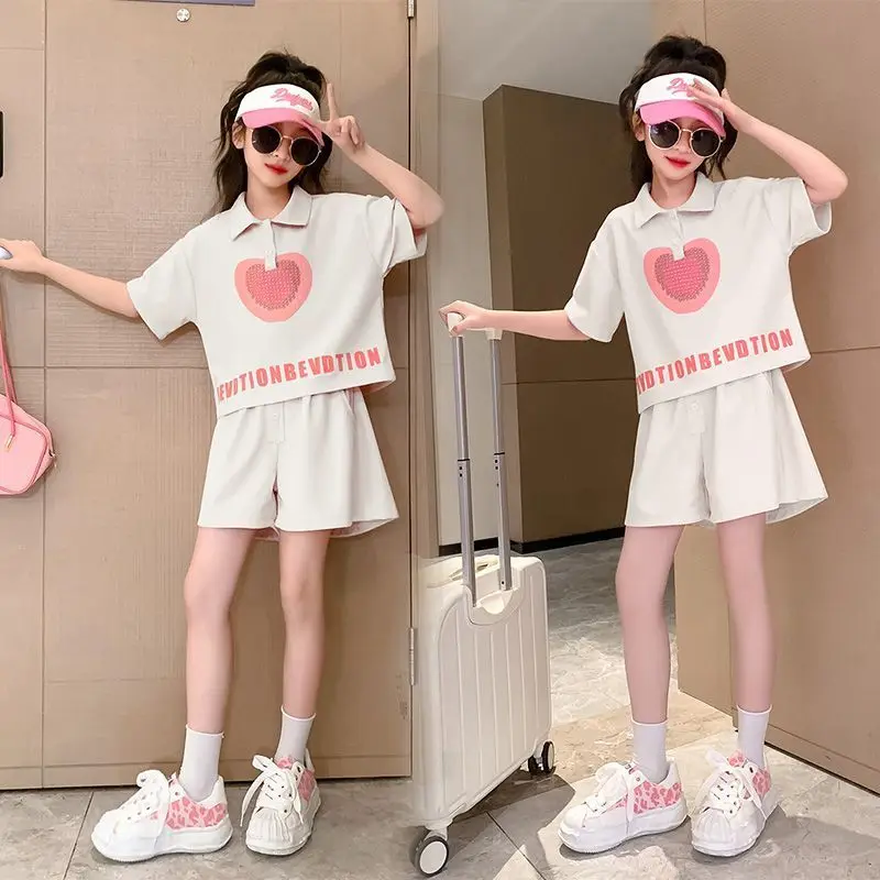 Girls Summer New Leisure Korean Style Polo Shirts+Short Pants 4-14 Years Teeange Girls Students Outfits Sets Children Clothes