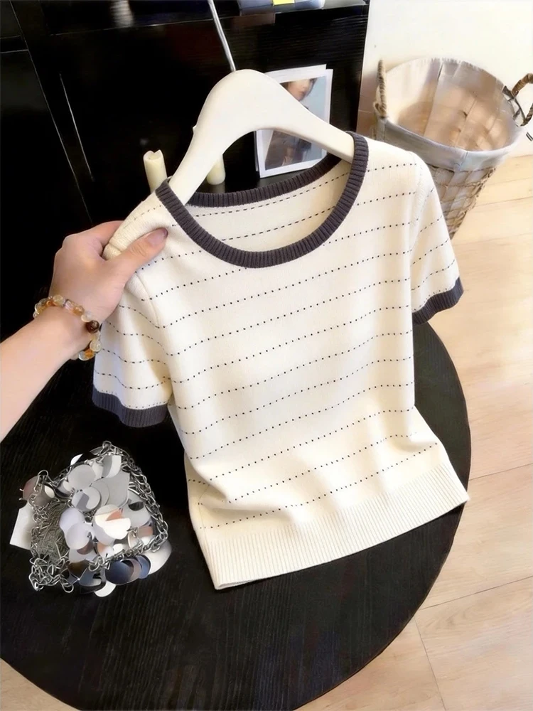 

plus Size Women's Striped Short Sleeve T-Shirt round Neck Pullover Thin Summer Top Slimming Base Layer Shirt Korean Style Com...