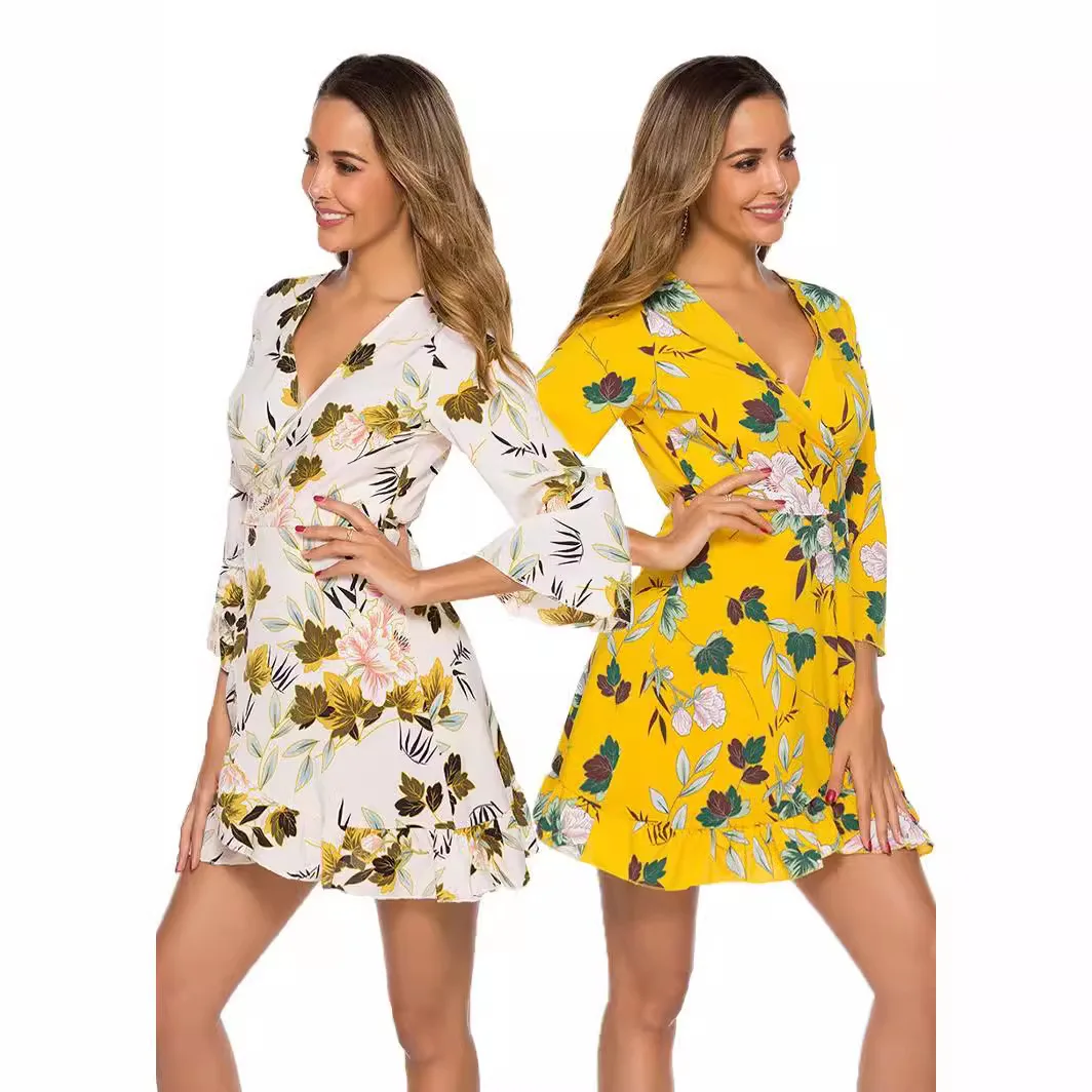 

2024 Spring and Summer New Women's Printed Chest Wrapped V-neck Lace-up Waist Adjustable Bell Sleeves Irregular Mini Skirt Dress