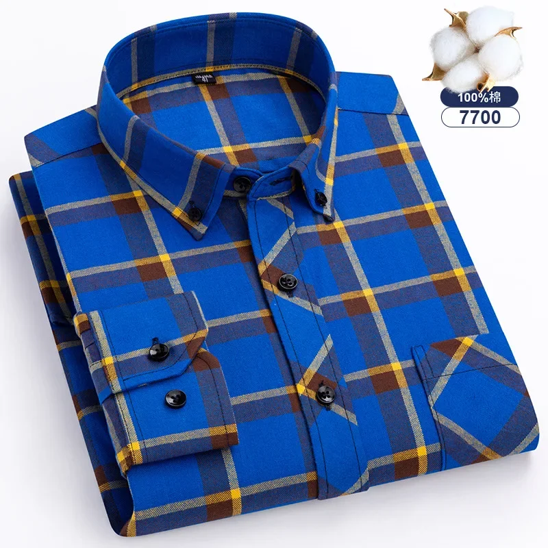 Large size pure cotton brushed plaid men\'s shirt for young and middle-aged fashion casual spring and autumn single-wear tops