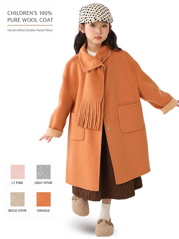 Children 100% Wool Double-Faced Coat with Scarf Collar Unlined Long Winter Overcoat Warm Soft Outerwear Kids Long Coat Handmade
