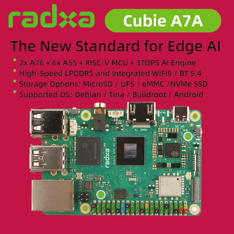 

Radxa Cubie A7A, Allwinner 8-ядерный SOC 3TOPS AI Acceleration RISC-V, новый стандарт для Edge Al, LPDDR5, одноплатный компьютер